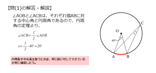 円周角の定理を扱った問題問(1)の解答例