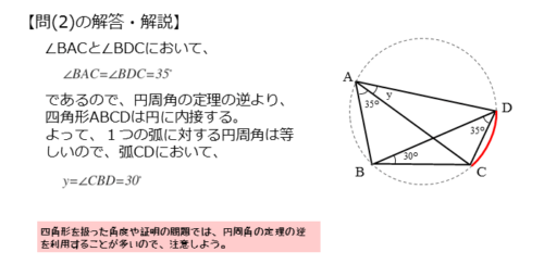 円周角の定理の逆を扱った問題問(2)の解答例