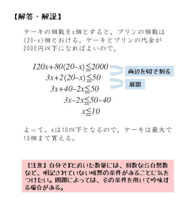 一次不等式の応用問題第1問 解答・解説