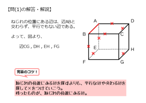 空間における直線と平面を扱った問題問(1)の解答例